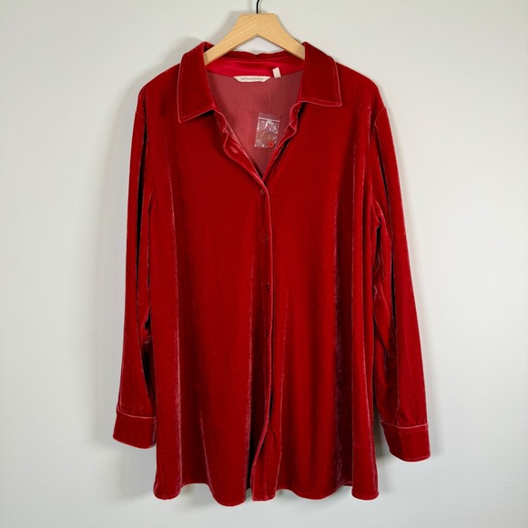 Soft Surroundings Velour Velvet Tunic Button Up Shirt Jacket Shacket 1X Red NWOT - Picture 1 of 6